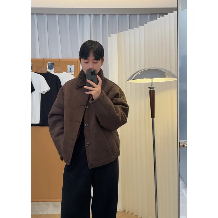 JH冬装复古麂皮短款加绒加厚极简纯色翻领外套