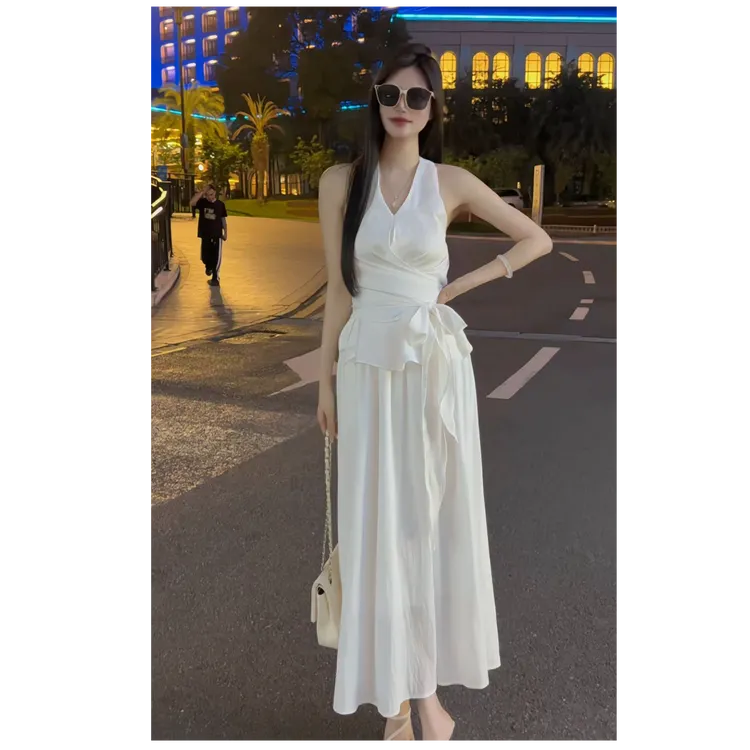 2025新款V领气质锁骨上衣辣妹挂脖吊带衬衣气质长裙套装