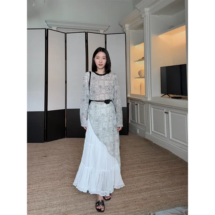 郭九九呢 气质不规则花卉针织长袖衫压轴蛋糕裙半身裙 G925A11814