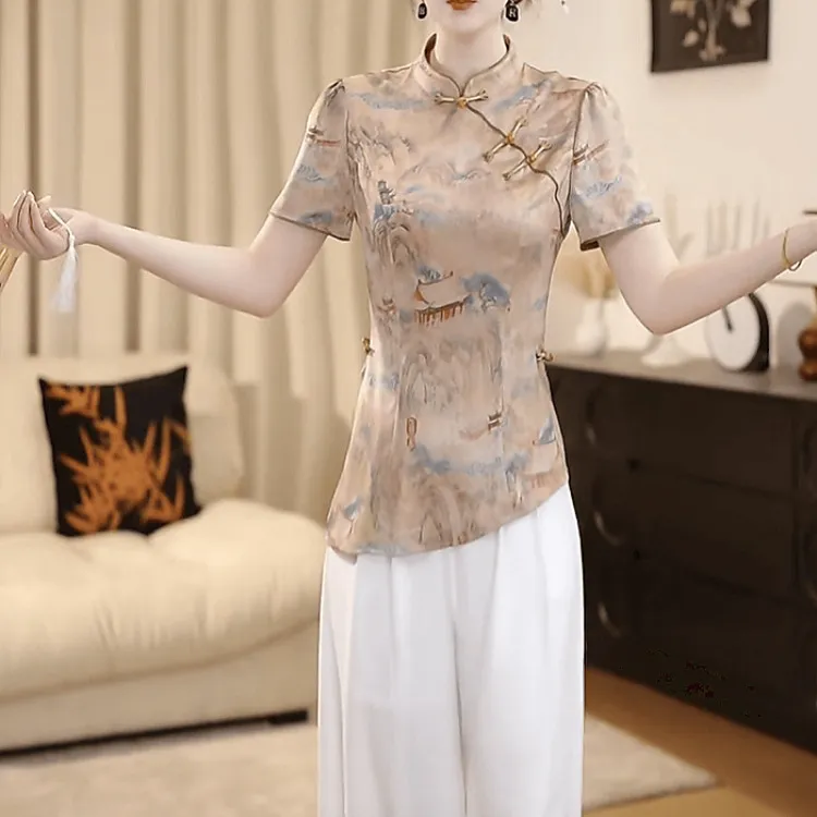 上衣+休闲裤2025夏季新款高端轻奢显瘦中国风复古印花修身两件套