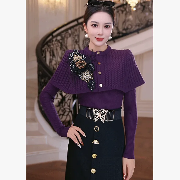 【芙娜妮】秋冬斗篷遮肉两件套毛衣女款爆款2025新款洋气F2530623A