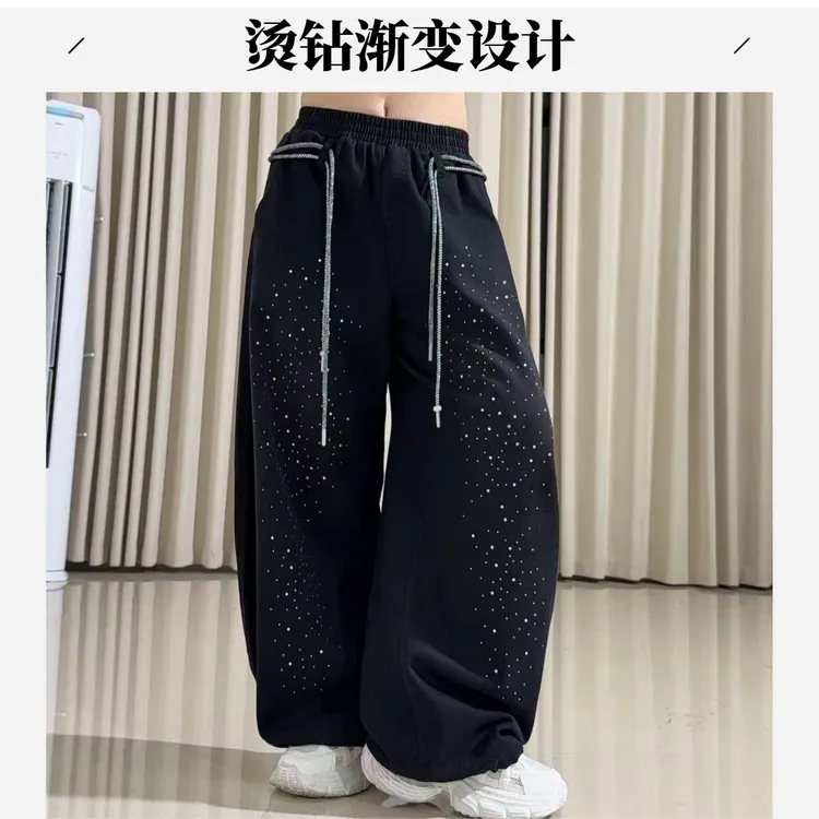 2552烫钻高街法棍中腰女显瘦云朵绵长裤休闲裤百搭宽松