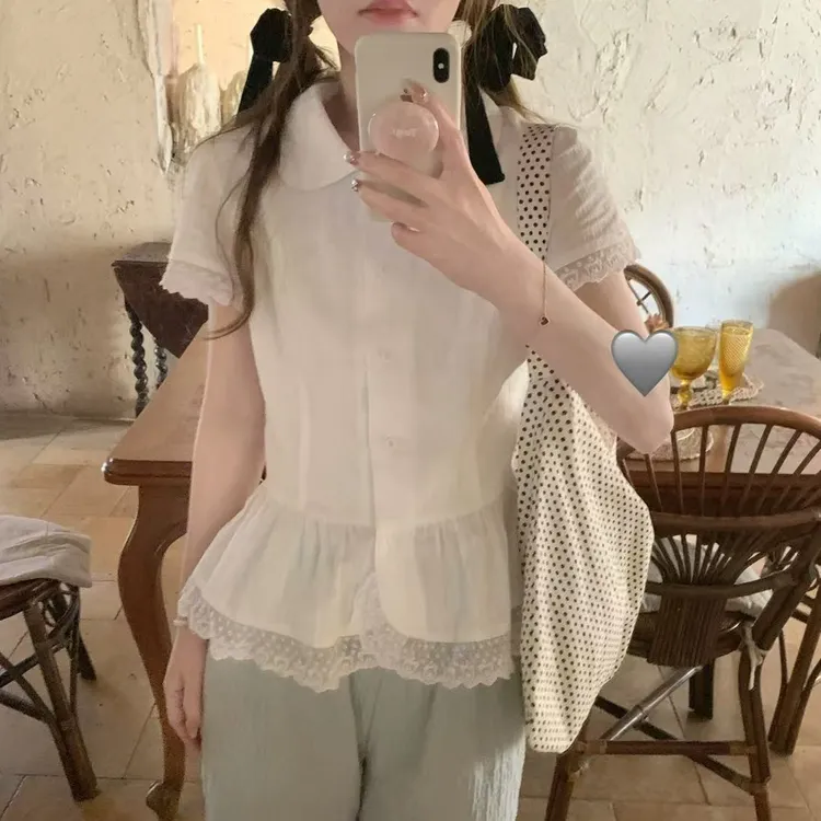 2025夏季新款小熊蕾丝边翻领收腰提花衬衫上衣女
