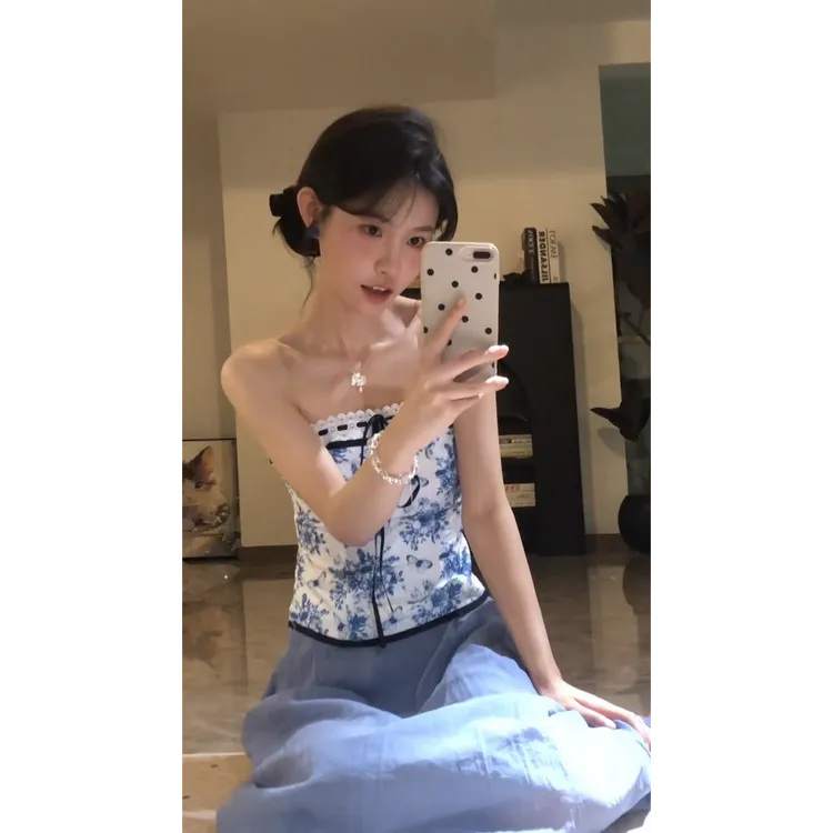 MARIE.COCO法式复古蓝色碎花抹胸衬衫上衣半身裙温柔度假风套装