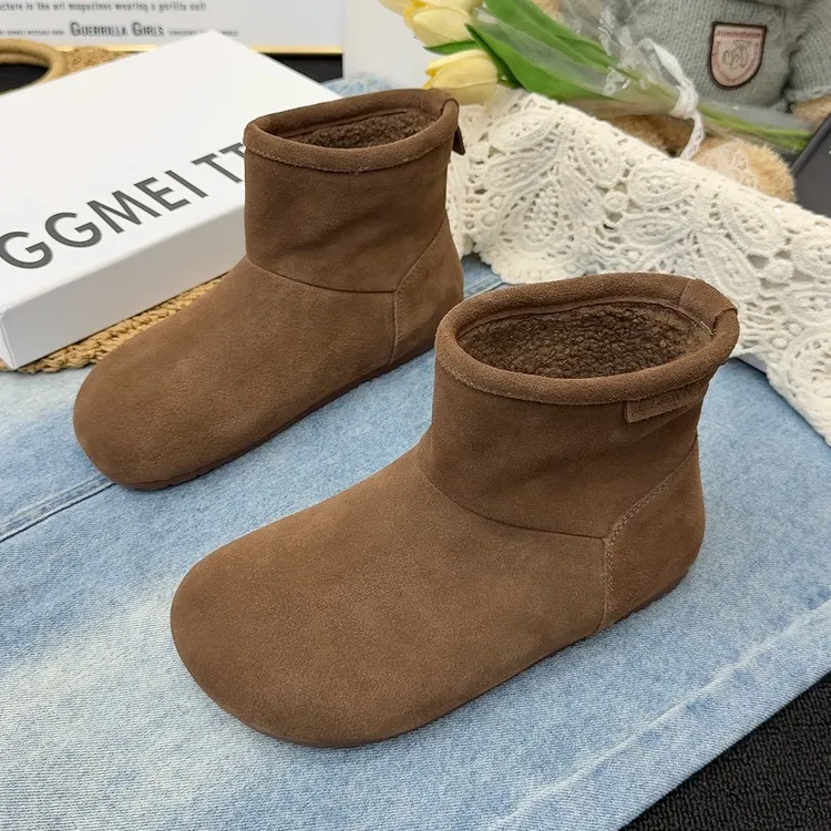 软皮棉鞋女冬加绒平底大头短靴2025年新款磨砂皮勃肯靴保暖雪地靴