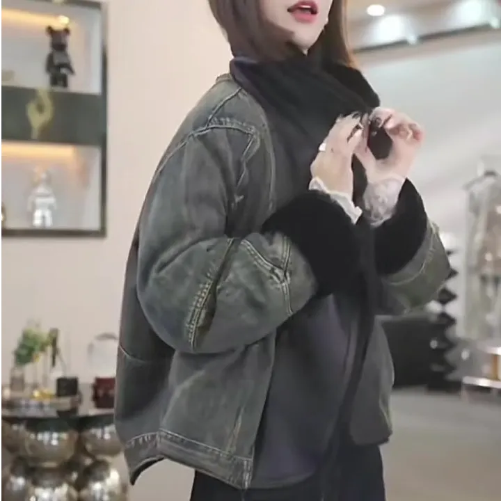 新款时尚洋气百搭女装毛皮草拼接牛仔棉服女冬季保暖加绒加厚外套