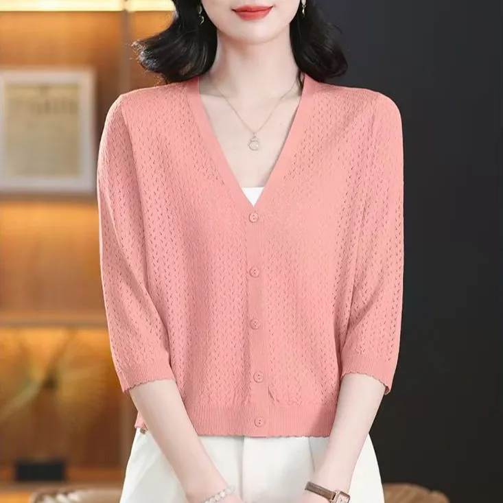 夏季冰丝薄款外搭女2025新款休闲百搭七分袖针织开衫空调衫防晒衫