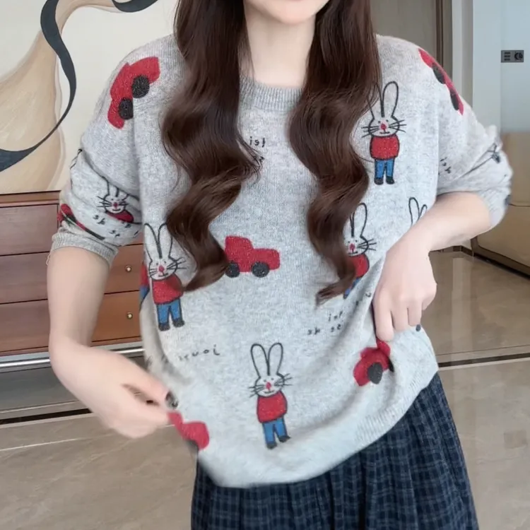 洋气减龄慵懒风宽松套头上衣女2025秋季软糯字母卡通兔子针织衫