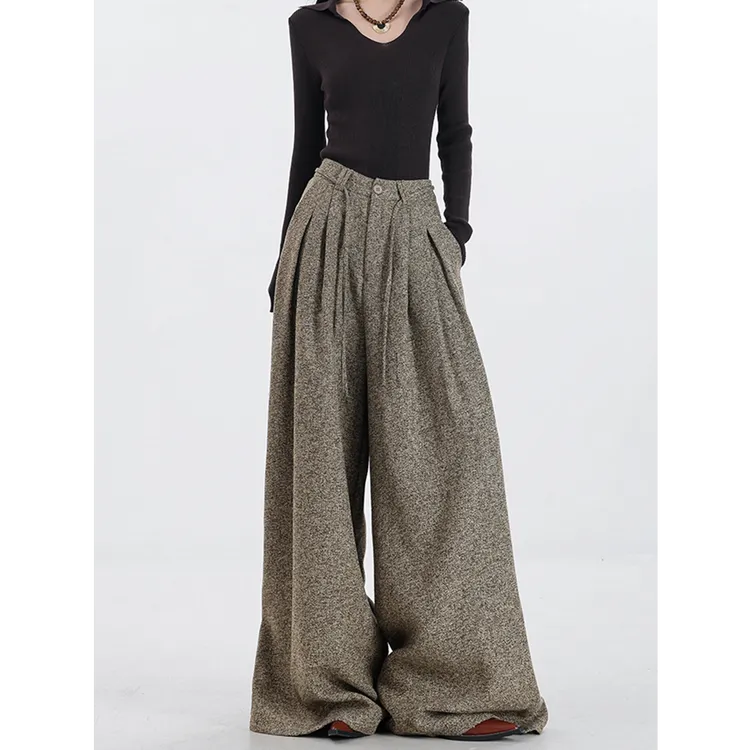 秋冬新款高腰显瘦毛呢阔腿裤女时尚百搭慵懒垂感休闲拖地长裤