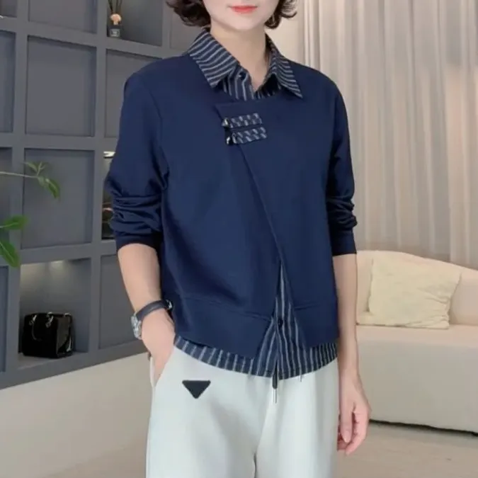 春秋新款女士妈妈装时尚新中式假两件外套衬衫领休闲宽松减龄上衣
