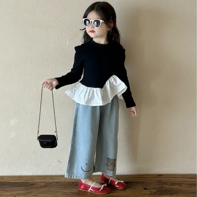 女童韩版套装2025春季新款女中小童荷叶边洋气上衣T恤小熊牛仔裤