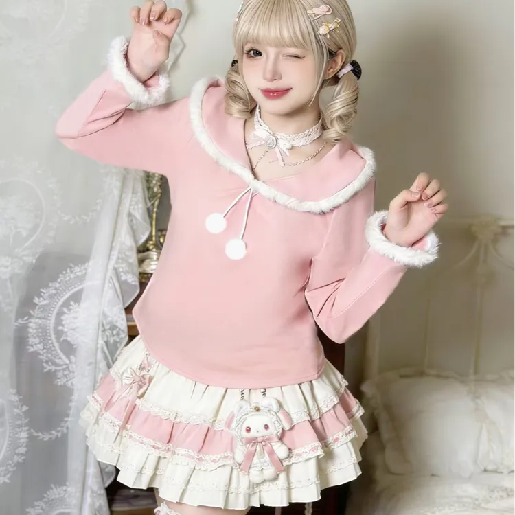 【樱粉奶芙小甜饼】原创长袖德绒洛丽塔上衣娃娃领秋冬保暖可爱甜系