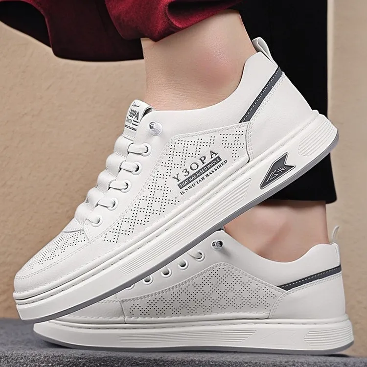 啄木鸟男鞋秋季新款真皮板鞋男韩版软底休闲皮鞋男镂空透气小白鞋