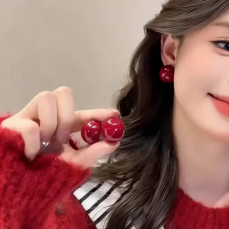 925银针耳饰 时尚气质经典红色优雅馒头珠珠耳钉