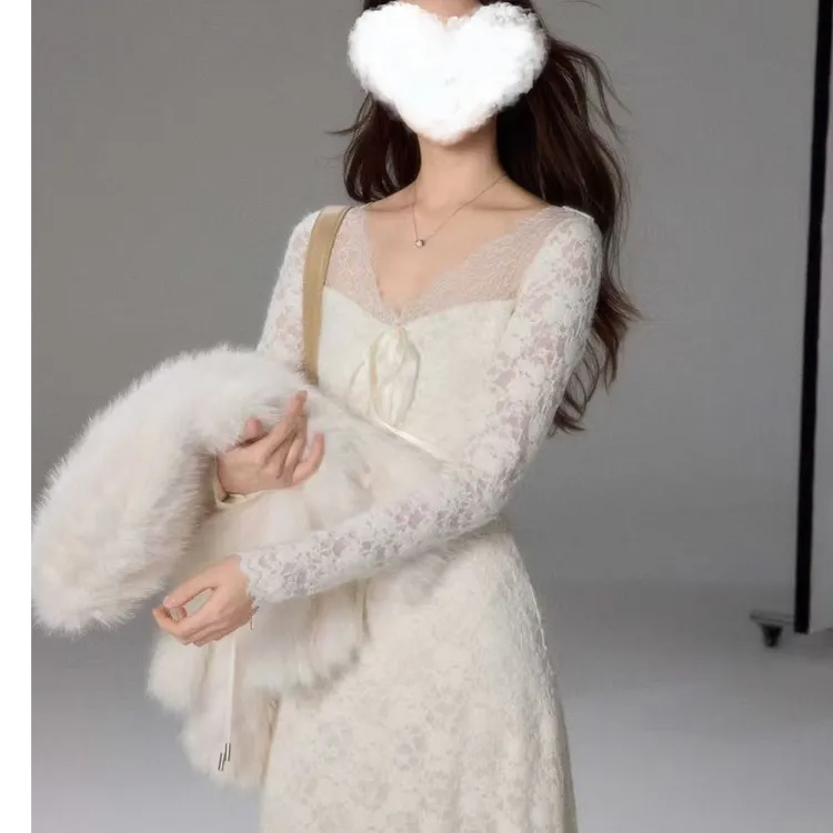 法式气质蕾丝V领连衣裙女弹力抓绒内搭长裙