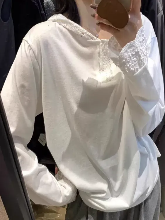 法式蕾丝花边连帽长袖t恤秋冬洋气减龄宽松白色内搭打底衫上衣女