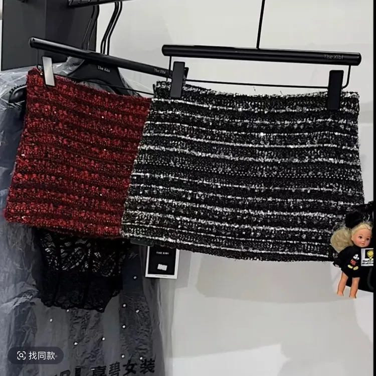 【法式复古毛呢半身裙】重工亮片低跨腰显瘦高级感气质包臀短裙套装