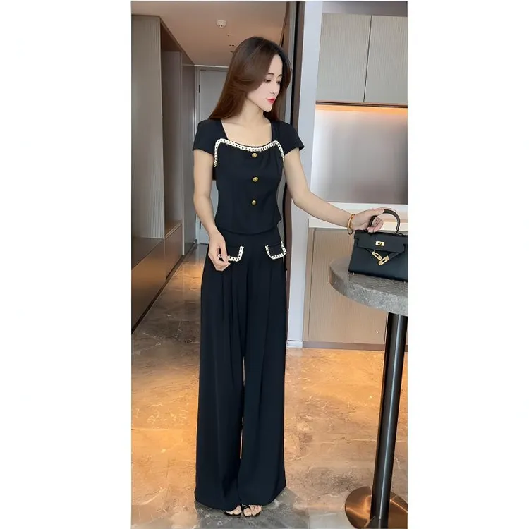 名媛风气质洋气织带拼接方领单排扣上衣女中长款显瘦西装阔腿裤潮