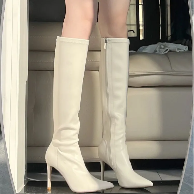 不过膝高跟长靴女2025年新款白色小个子弹力瘦瘦靴尖头细跟高筒靴