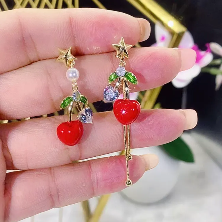 铜合金锆石耳饰 （10）925不对称新年樱桃耳饰精致时尚百搭设计耳环