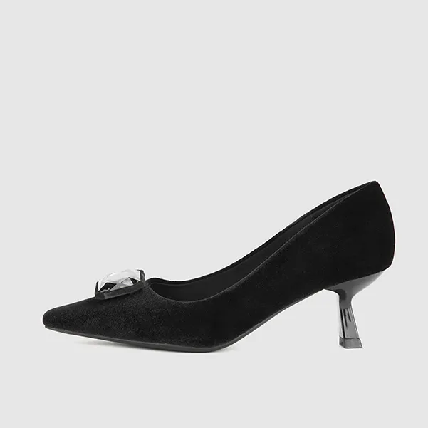 四季新款方水晶扣轻奢气质高雅黑色百搭方扣细跟单鞋