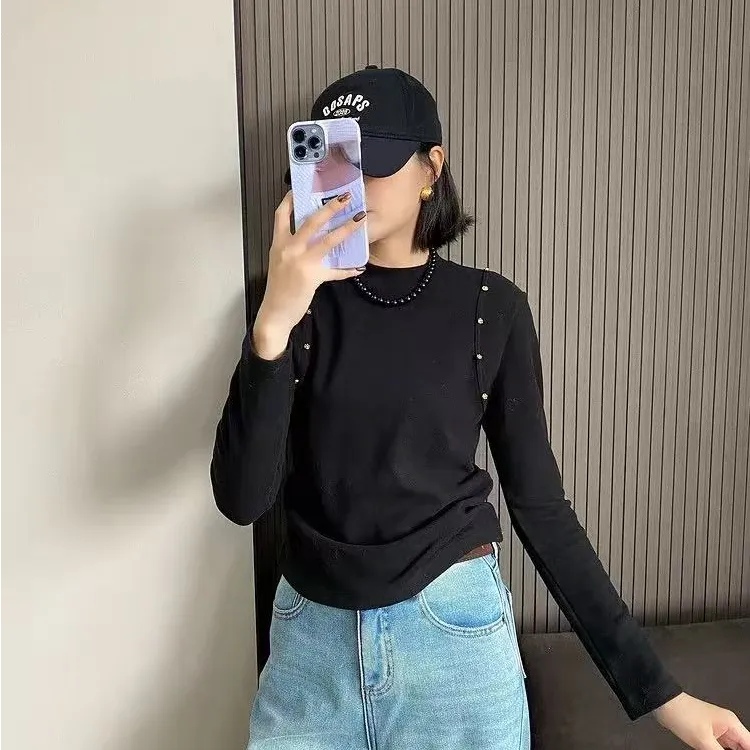 2025秋冬新款钉珠半高领长袖修身显瘦百搭T恤打底衫上衣女9176