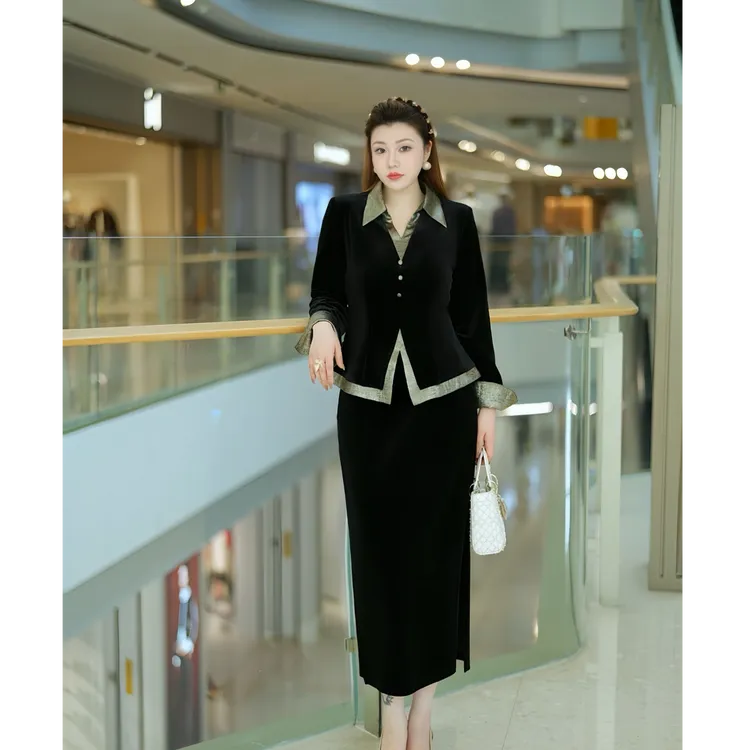 XYD71703秋款款上新罗马风丝绒套装气质大码女装丝绒上衣半裙套装