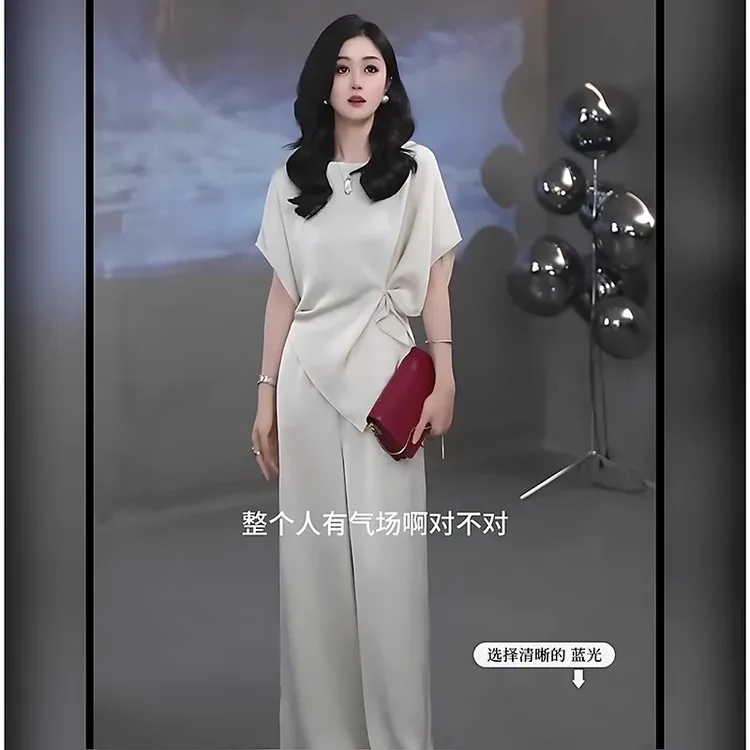 大码胖mm时尚套装女盐系慵懒气质冰丝不规则上衣高腰阔腿裤两件套