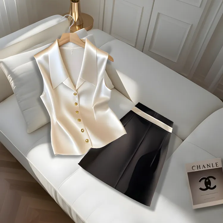 法式气质v领无袖缎面马甲背心女2025夏季时尚百搭黑色短裙两件套