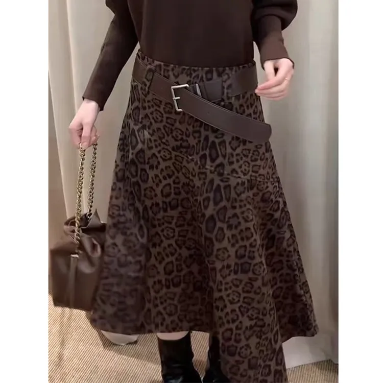 复古不规则裙摆豹纹半身裙女2025新款早秋季显瘦松紧腰a字裙子女