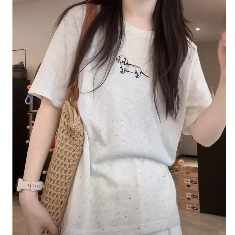设计感时尚卡通小狗印花短袖针织衫2025夏季新款宽松百搭减龄上衣