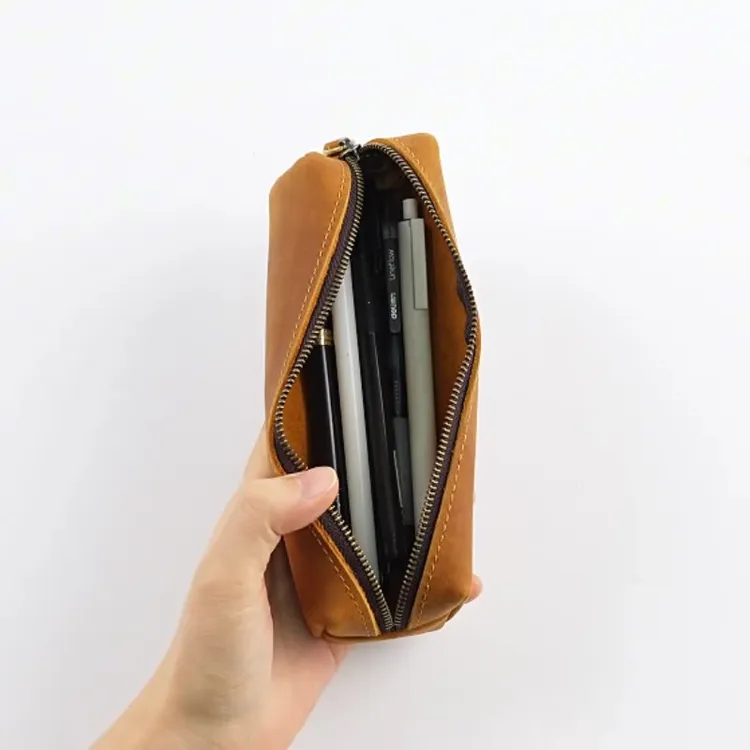 疯马皮新款文具笔袋头层牛皮学生铅笔钢笔办公用品拉链收纳包真皮