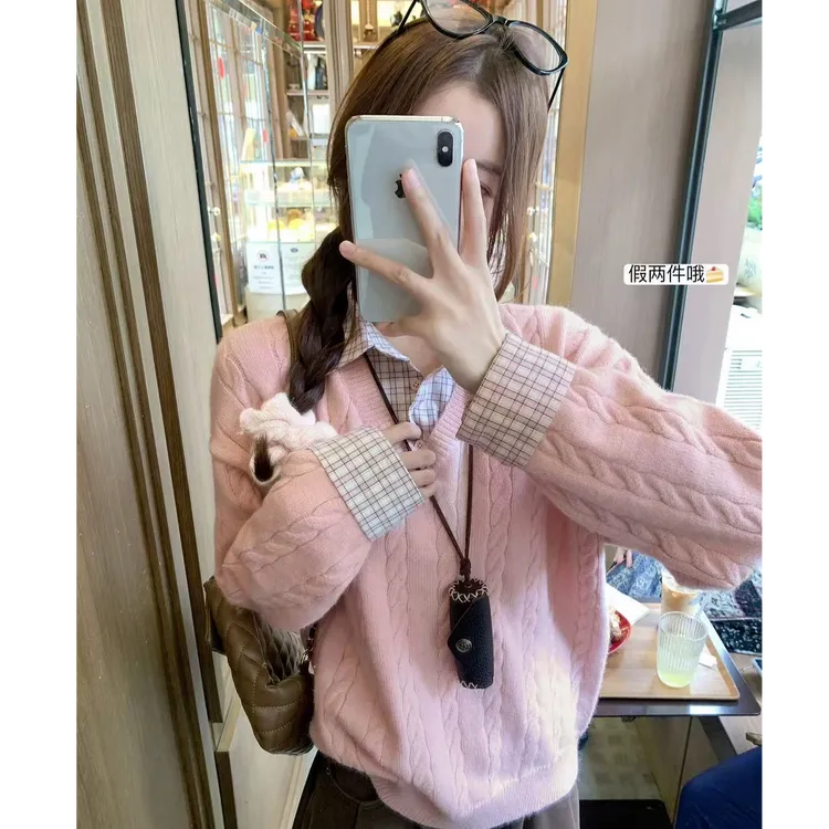 韩系假两件格子衬衫拼接设计感宽松长袖套头麻花毛衣加厚针织衫女