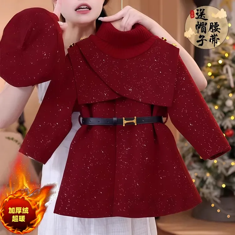 女童加绒中长款毛呢子大衣2026新款冬装真两件加厚收腰派克服外套