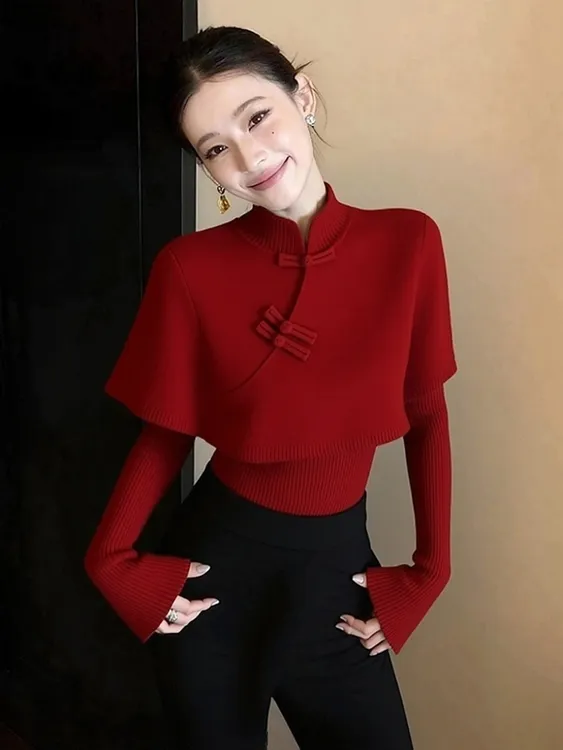 新中式红色斗篷针织衫上衣女2025冬新年圣诞本命年巨好看百搭毛衣