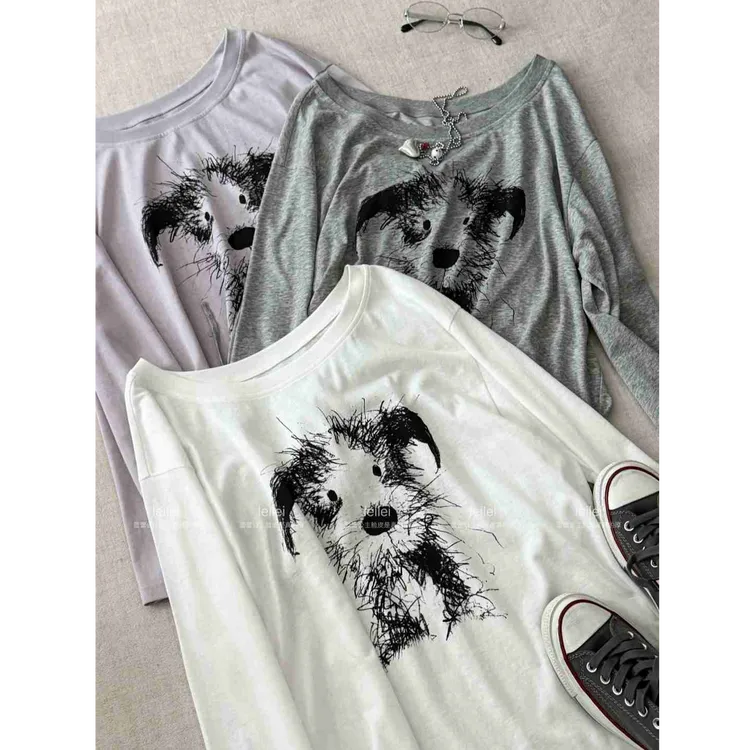 晶咕【狗狗收藏家】小狗图案圆领侧抽绳长袖T恤上衣