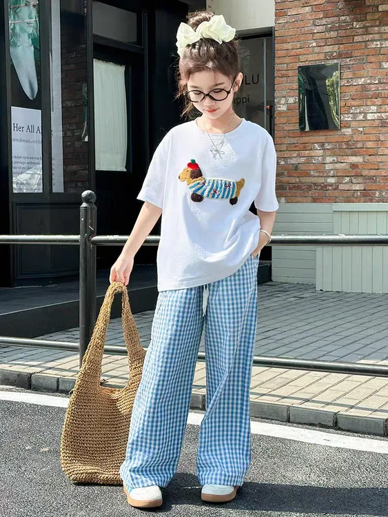 女童夏季韩版腊肠狗短袖T恤格子裤套装中大童女孩时髦儿童夏装潮