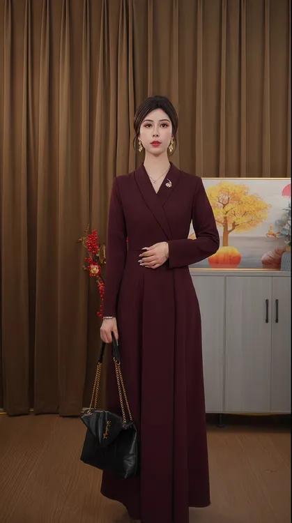 早春秋新款酒红色连衣裙显瘦休闲时尚百搭气质长袖收腰中长款2599