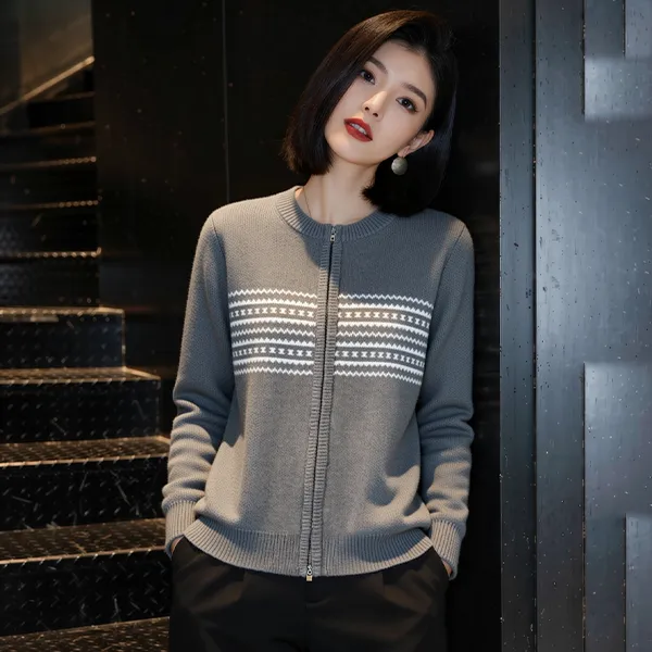 2026春季新款拉链针织开衫女长袖提花百搭设计感上衣大码胖MMX070