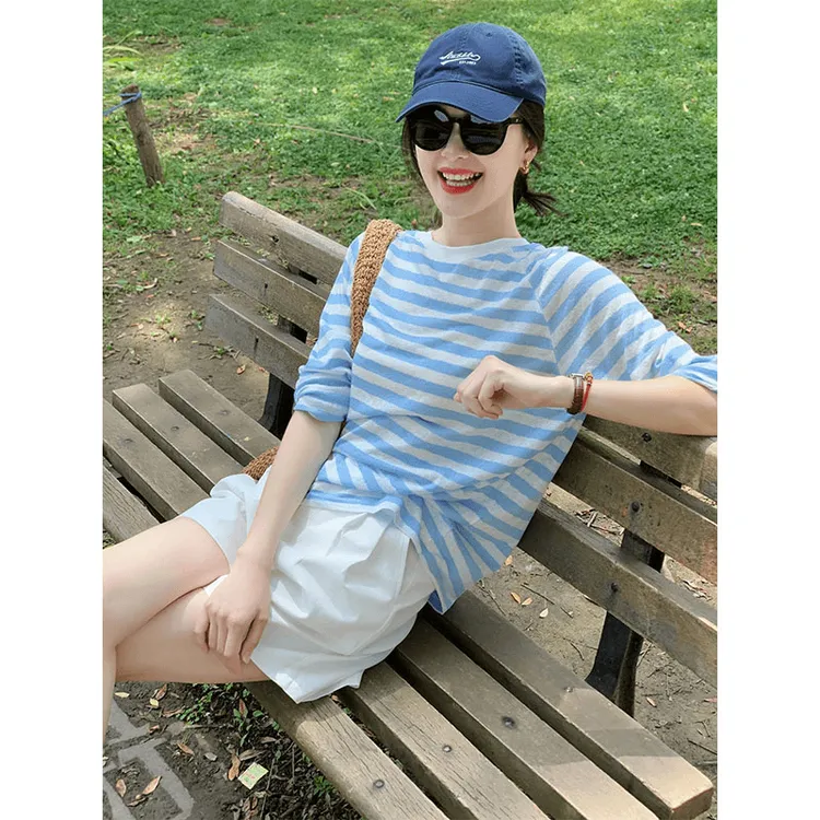 2025夏季新款时尚慵懒风条纹长袖休闲T恤衫搭配短裤显瘦两件套女