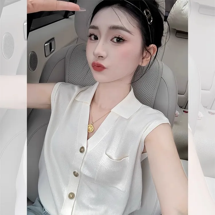 法式Polo领白色针织无袖坎肩T恤女夏季时尚翻领小飞袖短款上衣薄