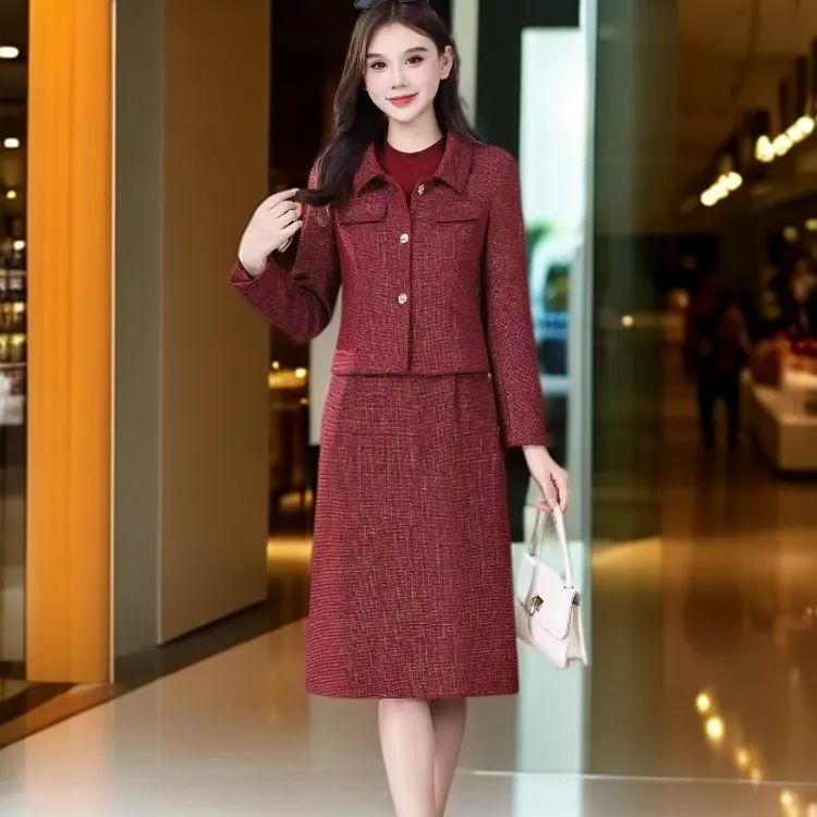 红色时尚套装中国风气质女装时尚修身休闲风极简风H25829款套裙