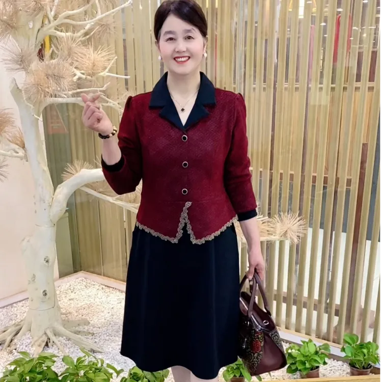 秋季新款妈妈时尚洋气百搭气质显瘦减龄长袖中长裙拼接连衣裙
