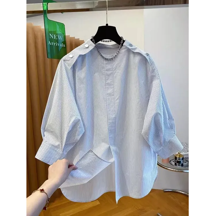 韩版简约休闲春夏季七分袖衬衫大码300斤男女拼色条纹圆领衬衣t恤