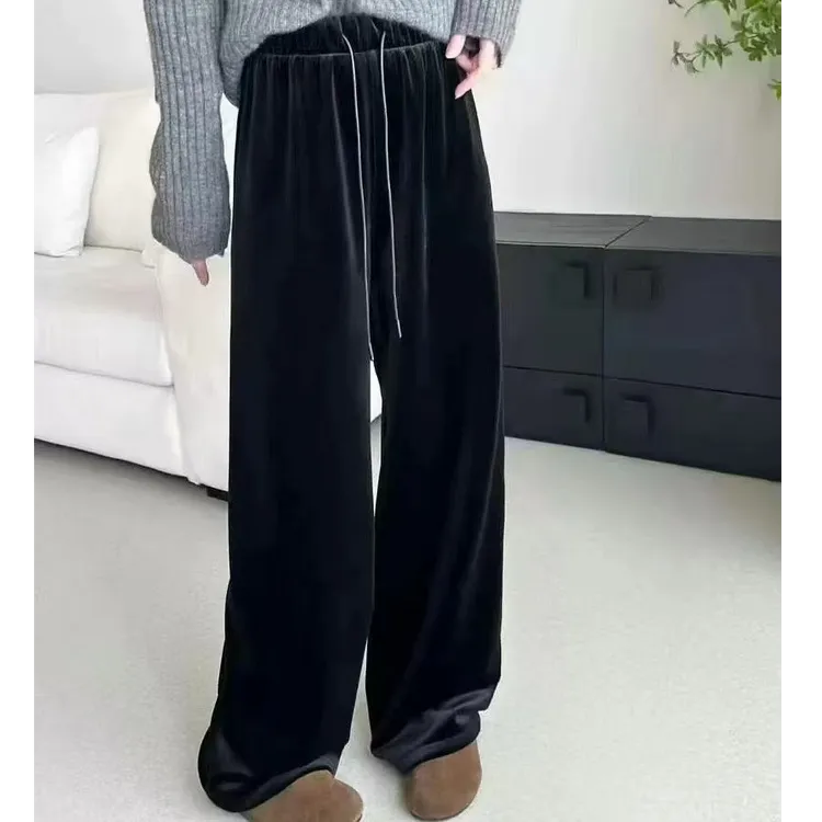 时尚金丝绒垂坠感阔腿休闲裤春款亮黑色高腰显瘦直筒裤女81218