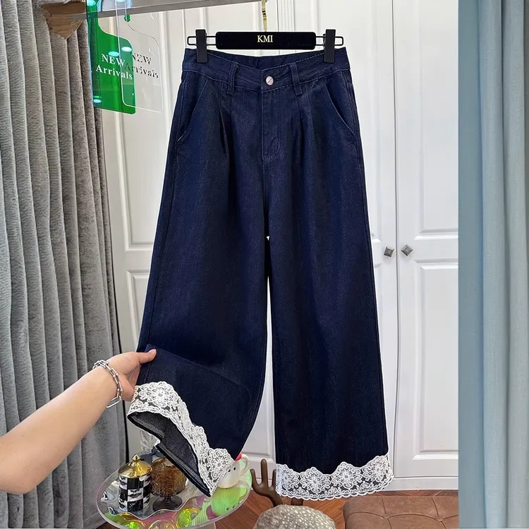 韩系高级感欧洲站小个子时尚春夏高腰拼接蕾丝九分牛仔裤女阔腿裤