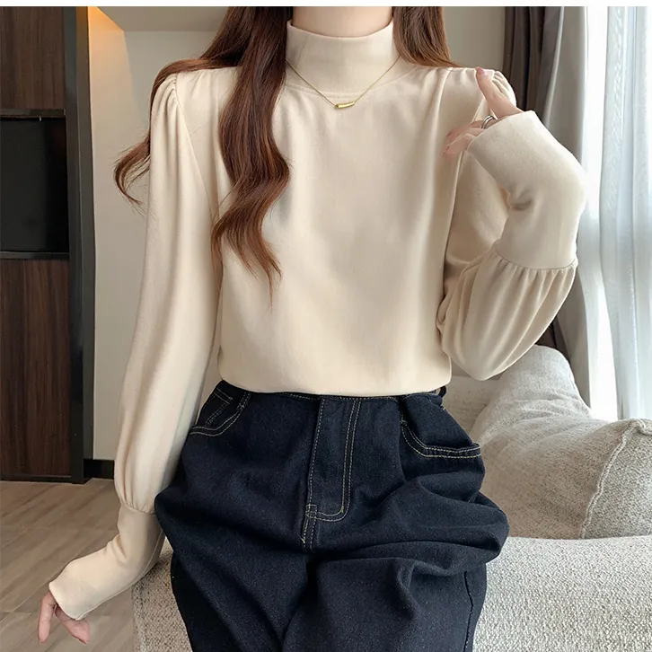 半高领泡泡袖内搭长袖T恤女2025年秋冬宽松显瘦上衣打底衫2580
