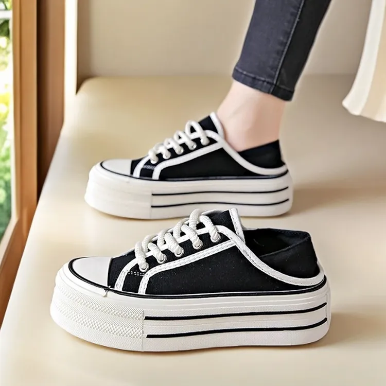 2025夏季新款厚底增高时尚女鞋百搭透气半托学生休闲帆布运动板鞋