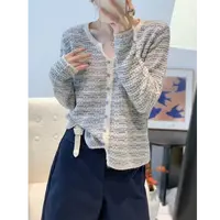 【运费补贴】LL剪刀领花纱针织衫女长袖秋装新款时尚洋气宽松打底衫