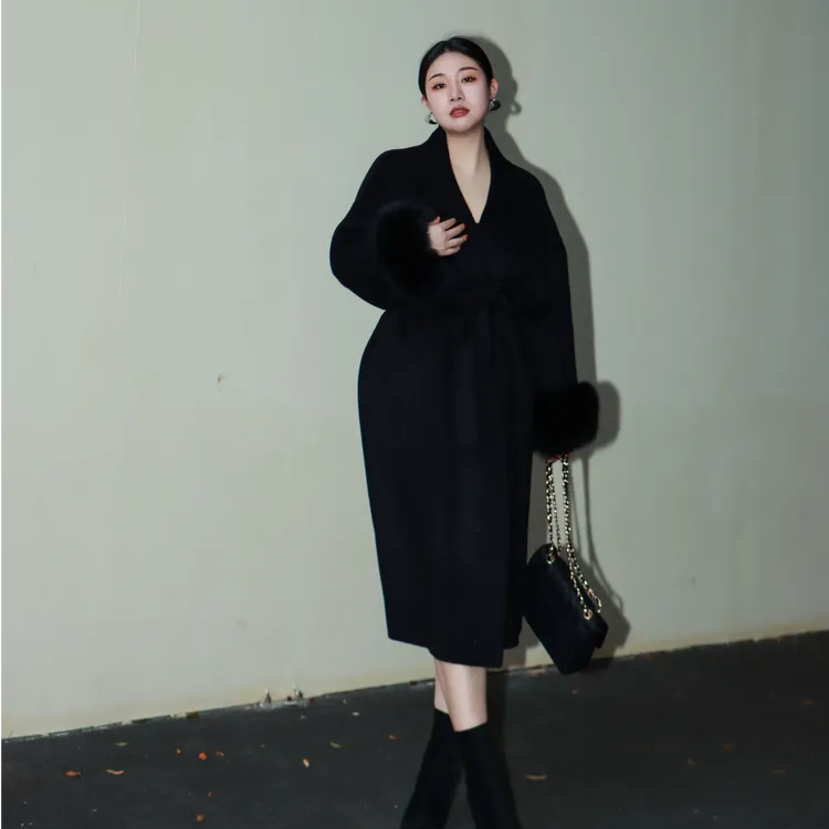 多肉宝贝可拆狐狸毛+绵羊毛毛呢外套女胖mm双面呢大衣2509AL1500